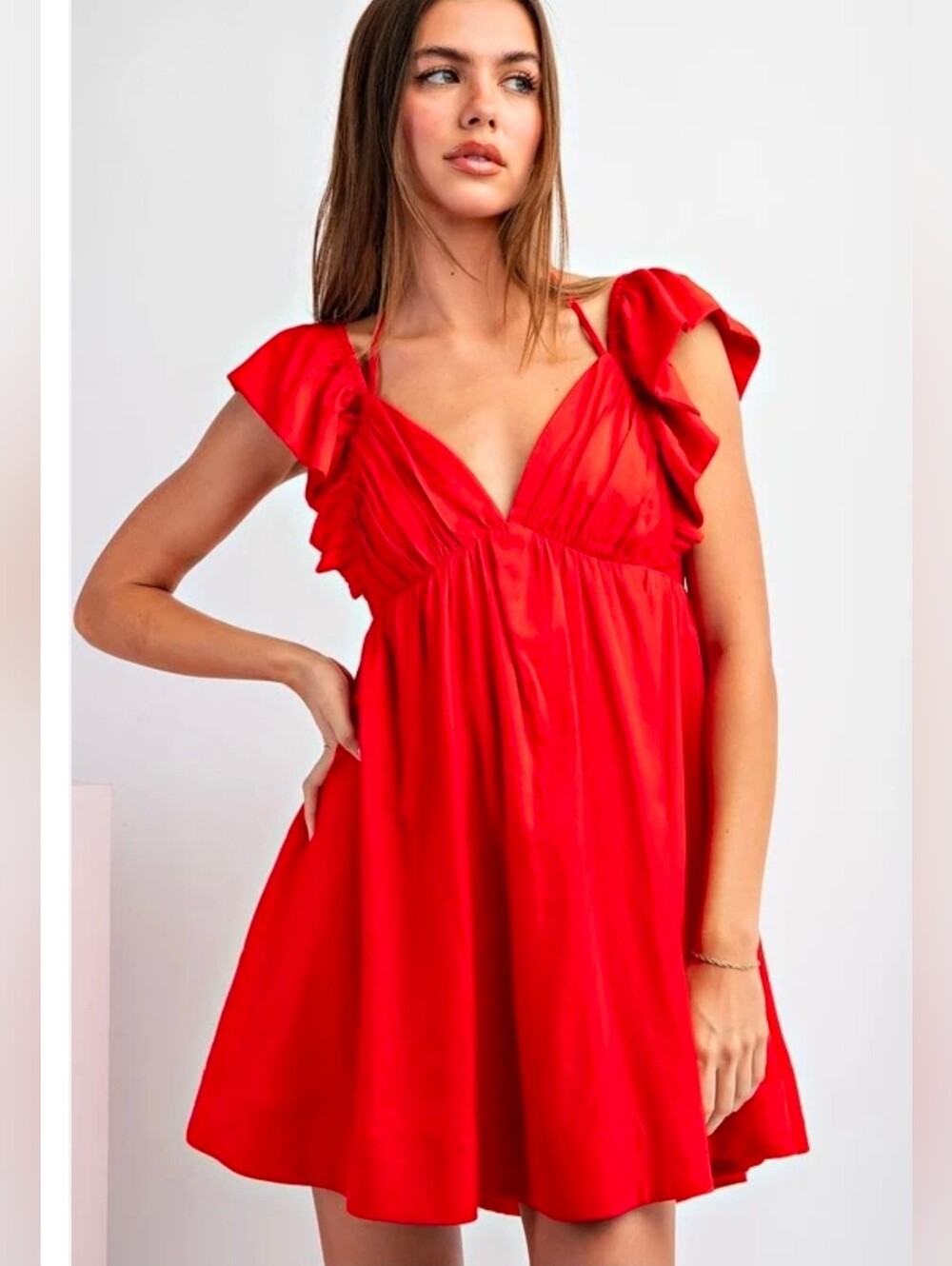 Red Ruffle Sleeve V-Neck Romper Dress with Pockets Size L